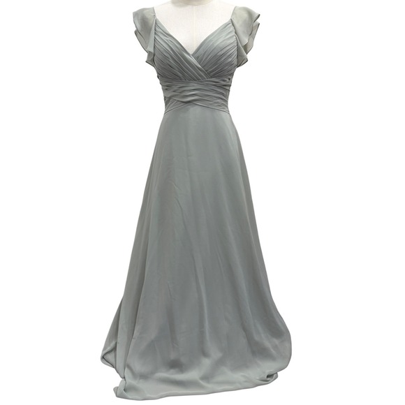 JJ's House Dresses & Skirts - JJ's House Soft Sage Green Chiffon Pleated V-Neck Flutter Sleeve Gown Bridal XS